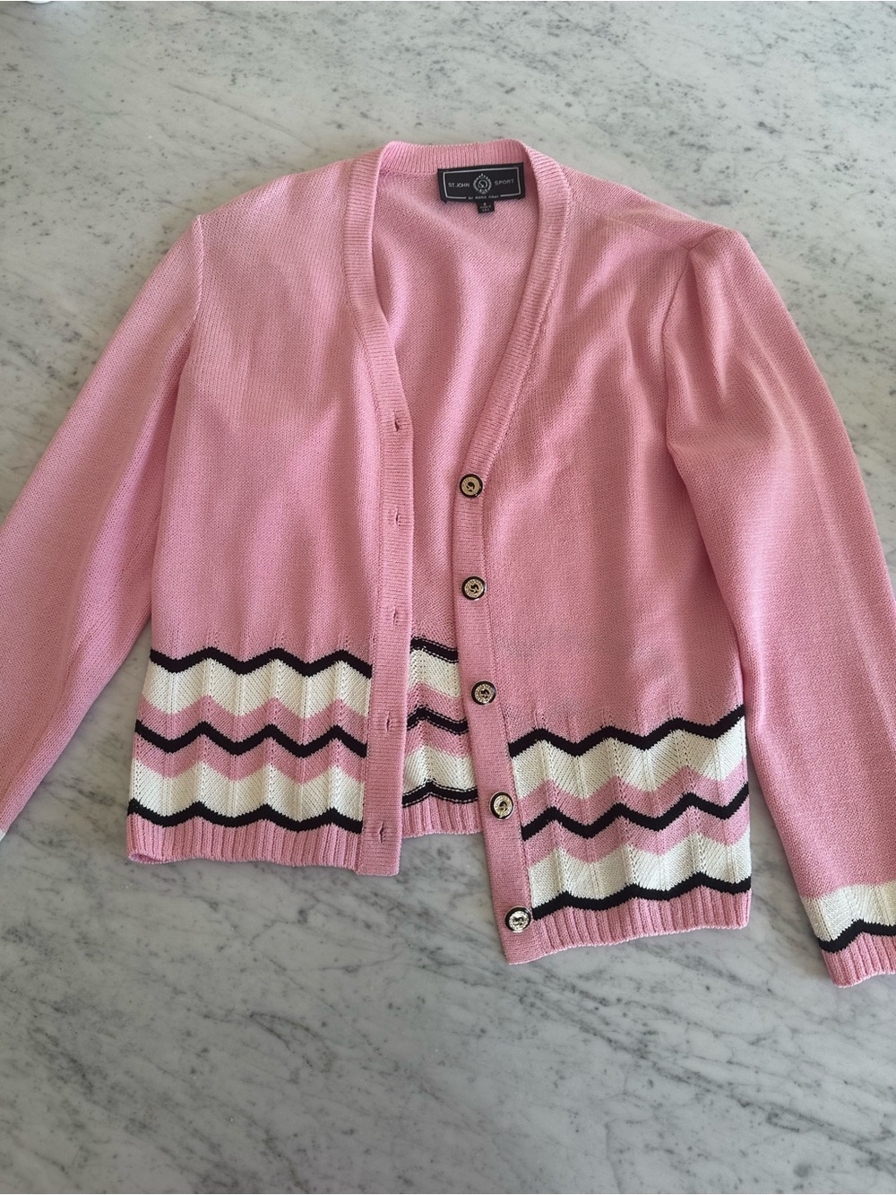 St. John Pink Chevron-Trim V-Neck Cardigan